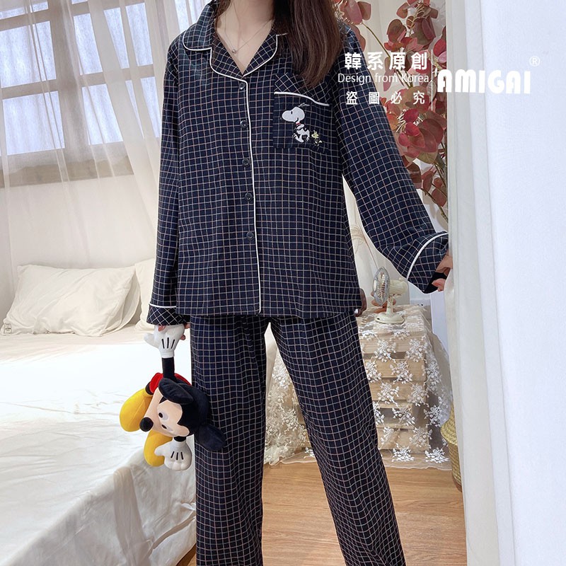 Bộ Đồ Ngủ Tay Dài Vải Cotton Kẻ Sọc In Hình Snoopy Kiểu Hàn Quốc Dễ Thương Cho Các Cặp Đôi