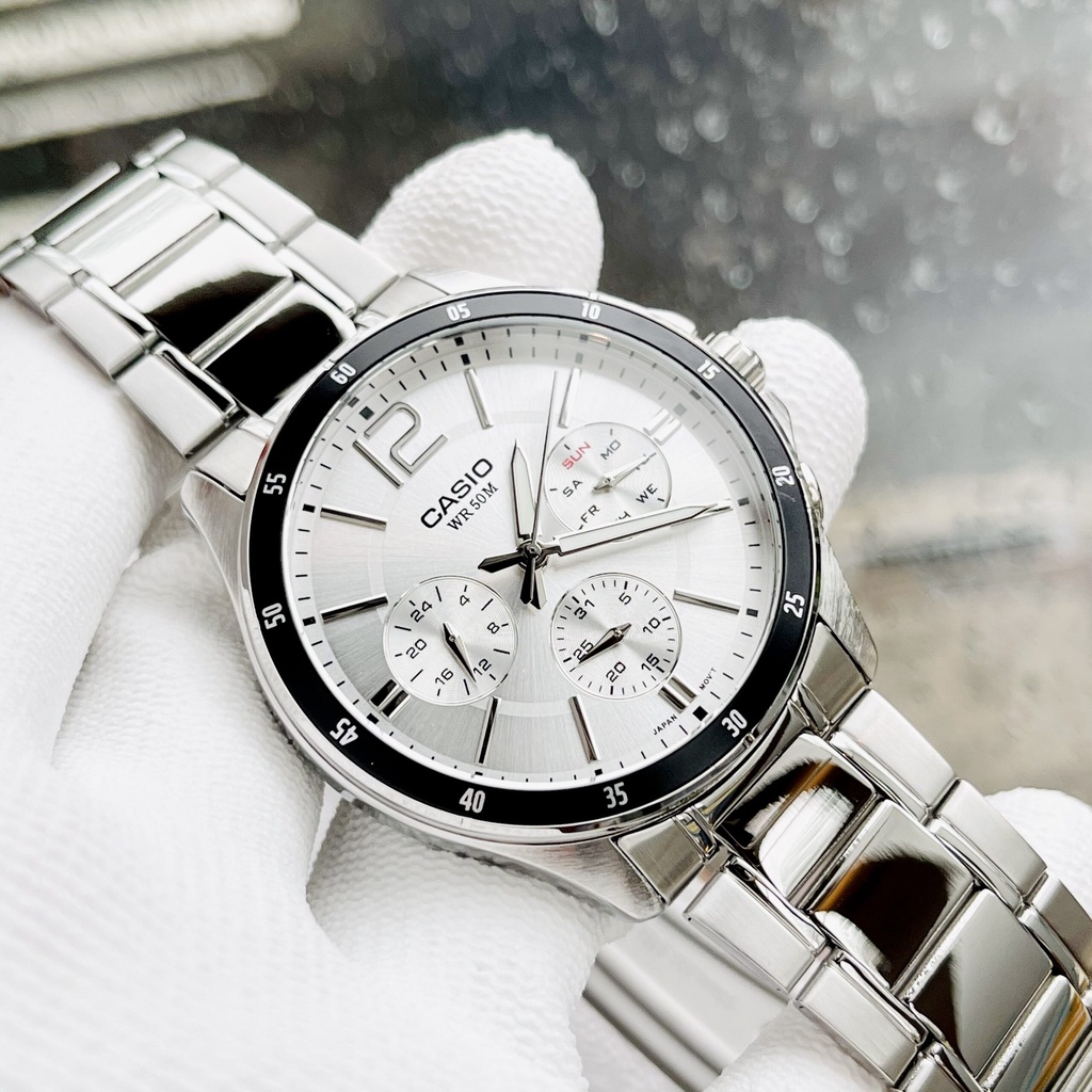Đồng hồ Nam Casio MTP-1374D-7AV, đồng hồ chính hãng, dây bạc mặt trắng viền đen 6 kim