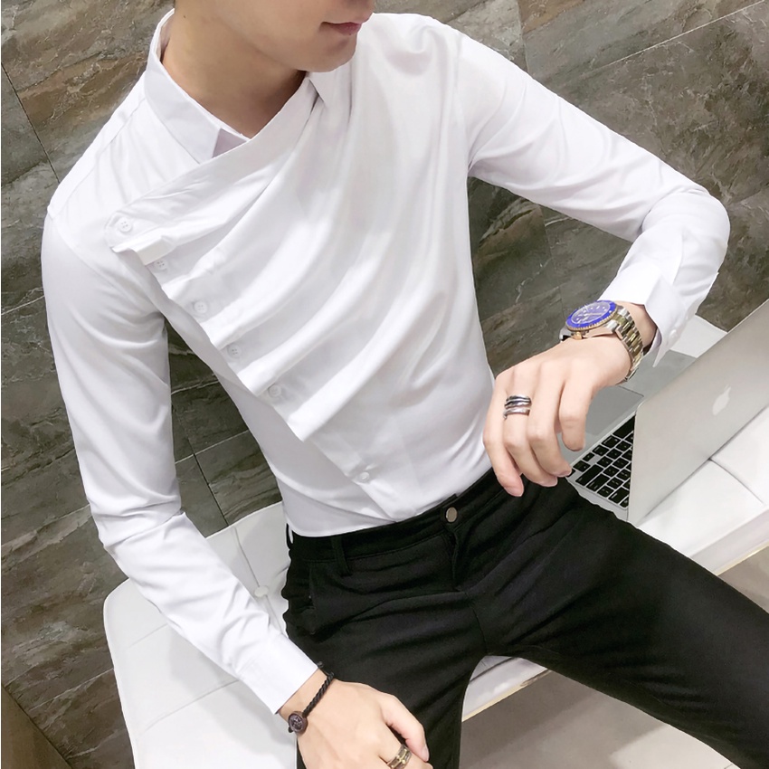 Áo sơ mi nam. Sơ mi nam cúc chéo,cổ Gấp lượn sóng trước Ngực tạo điểm nhấn Độc đáo, sang trọng H28