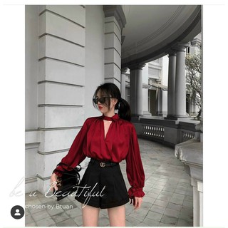 Áo sơ mi nữ 💖freeship💖 áo sơ mi lụa cho nữ - áo sơ mi lụa cúc ngọc 3 màu đỏ - trắng - đen size s m l