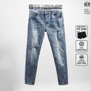| Satoshi | Quần jean nam, quần bò nam SAQJ42 dáng vừa màu xanh wash basic rách