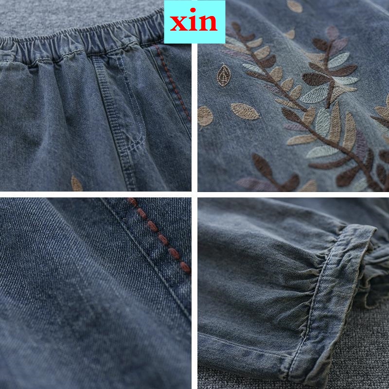 Quần Jeans Lưng Cao Dáng Rộng Thêu Họa Tiết Phong Cách Dân Tộc Mẫu Mới Thời Trang Xuân Thu Cho Nữ 2022