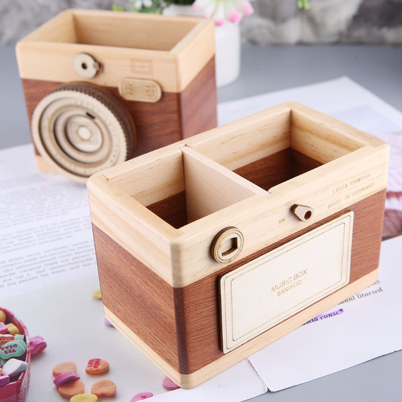 SEL Creative Camera Pattern Wooden Pen Pencil Case Holder Stand Desktop Sundries Storage Box Multi Purpose Use