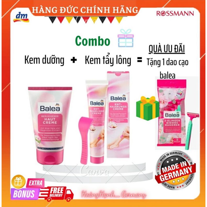 Combo Kem tẩy lông và kem dưỡng sau wax làm dịu da Balea, tẩy lông và kem ức chế mọc lông Balea