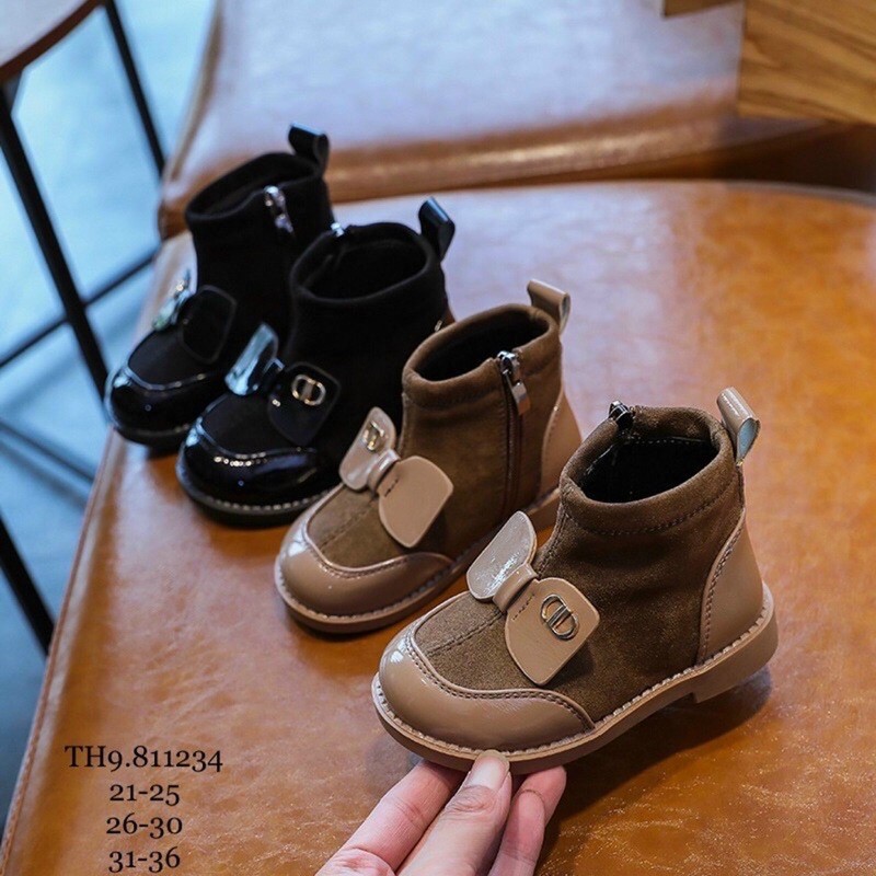 Giày Boots (bốt) cổ cao phong cách Hàn Quốc cho bé hàng Quảng Châu cao cấp có nơ xinh đi nhẹ êm FULL BOX