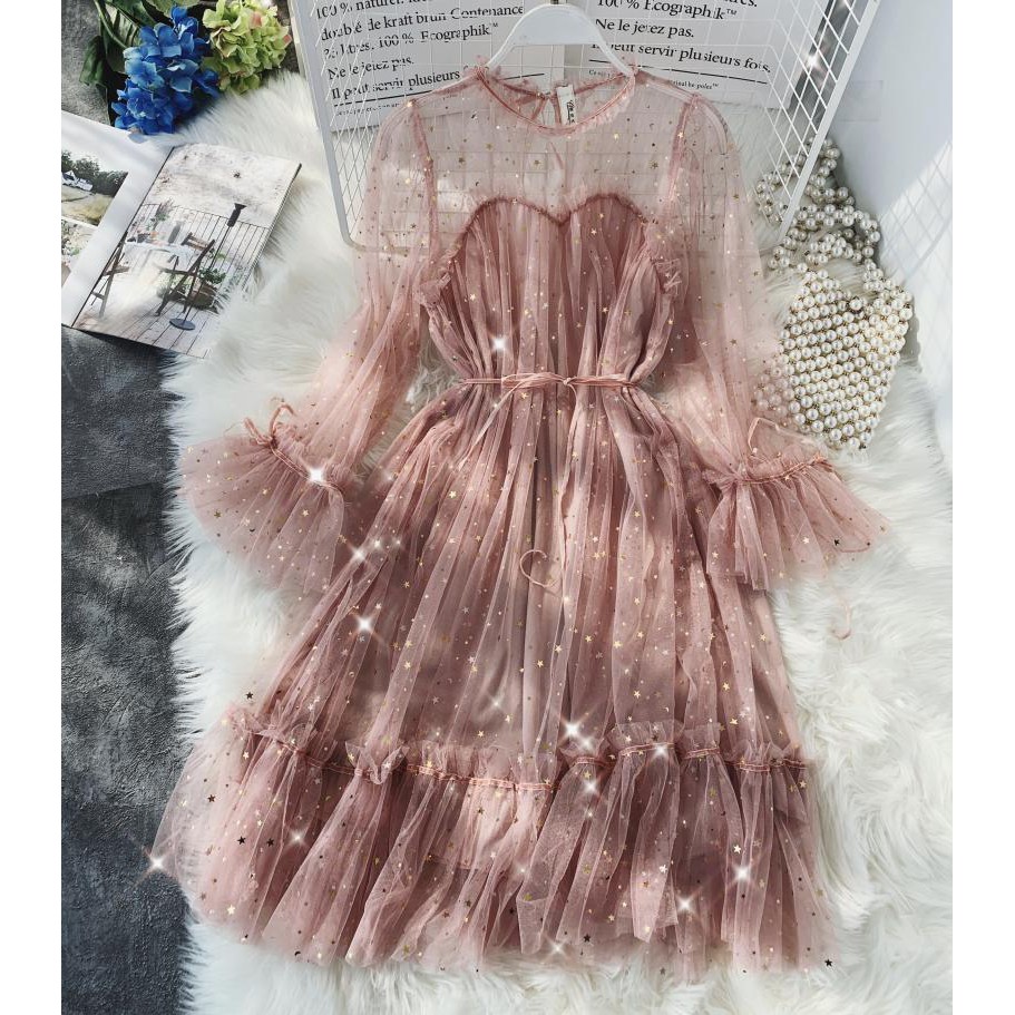 Đầm Ulzzang dự tiệc dáng xòe thắt dây đính kim sa rất sáng (4 màu)