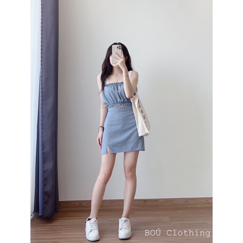 Set áo croptop 2 dây bèo + chân váy chữ A ngắn (Ảnh thật)