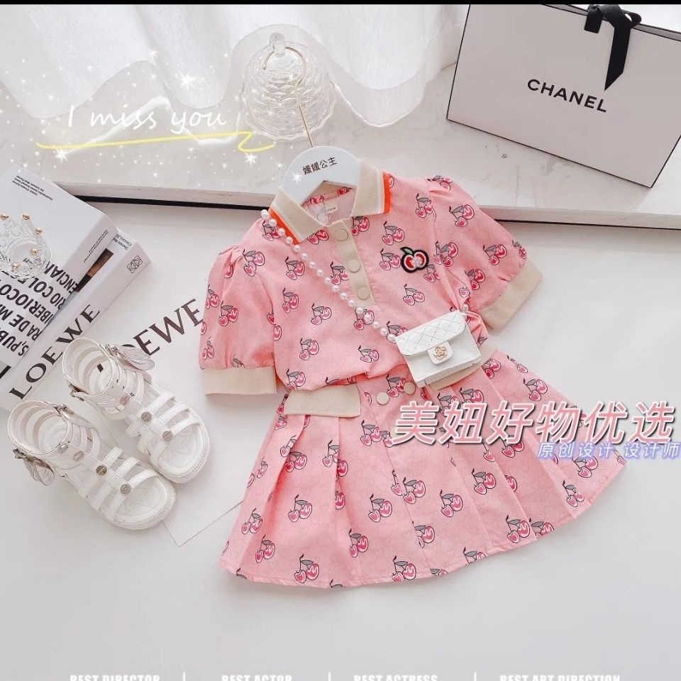 Set áo thun in họa tiết cherry + chân váy ngắn thiết kế độc đáo phong cách Hàn Quốc thời trang mùa hè cho bé gái