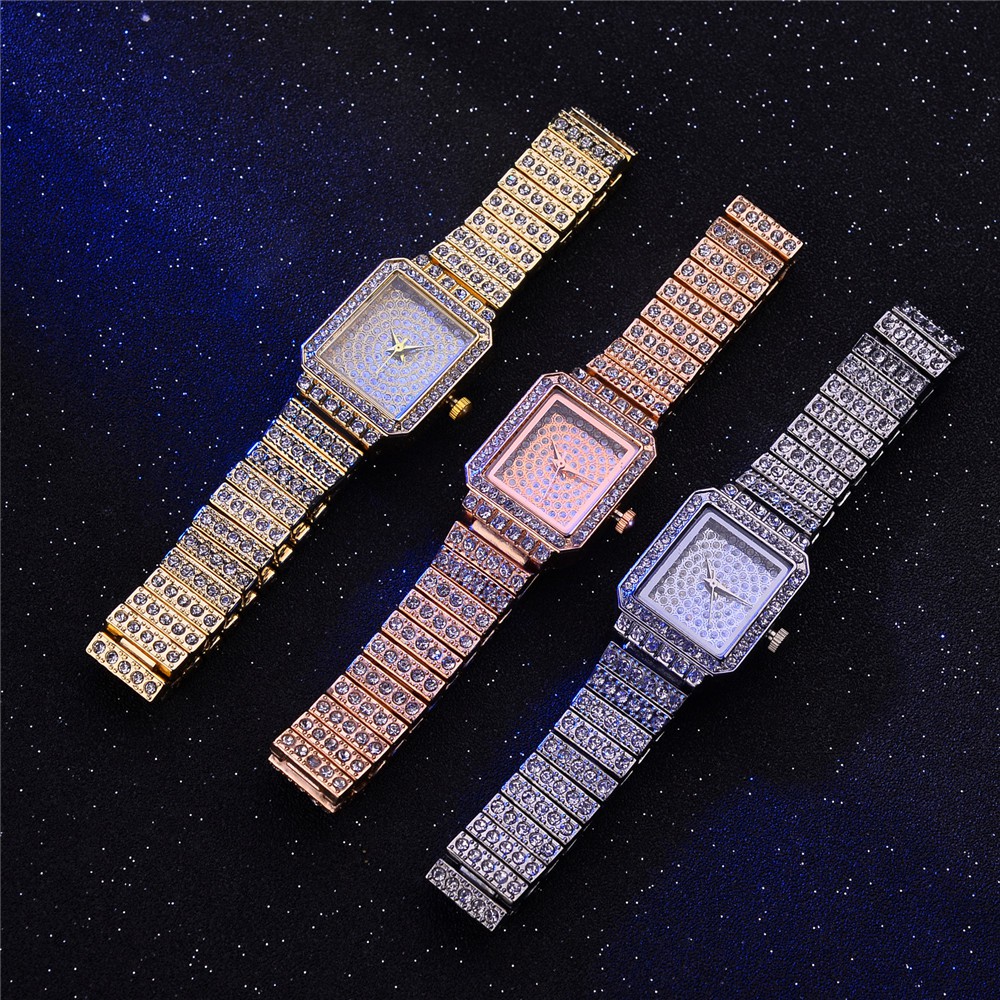 Đồng hồ nữ dây thép không gỉ mặt vuông đính đá sang trọng