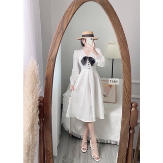 Đầm Trắng tay dài cổ tim phối nơ