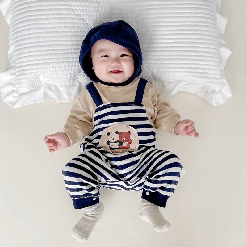 Bộ Áo Liền Quần Tay Dài + 1 Dây Đeo In Họa Tiết Sọc Dễ Thương Thời Trang Mùa Đông Cho Bé Sơ Sinh