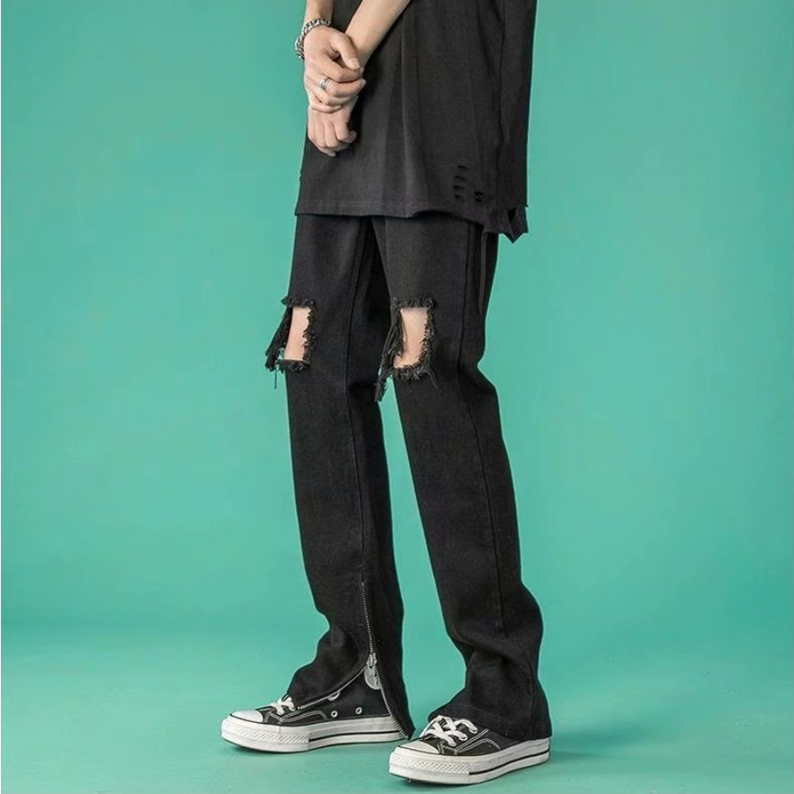 Quần Jeans Rách Phối Khóa Kéo Dáng Rộng Phong Cách Hàn Quốc Thời Trang Cho Nam bigsize quần jean ống suông