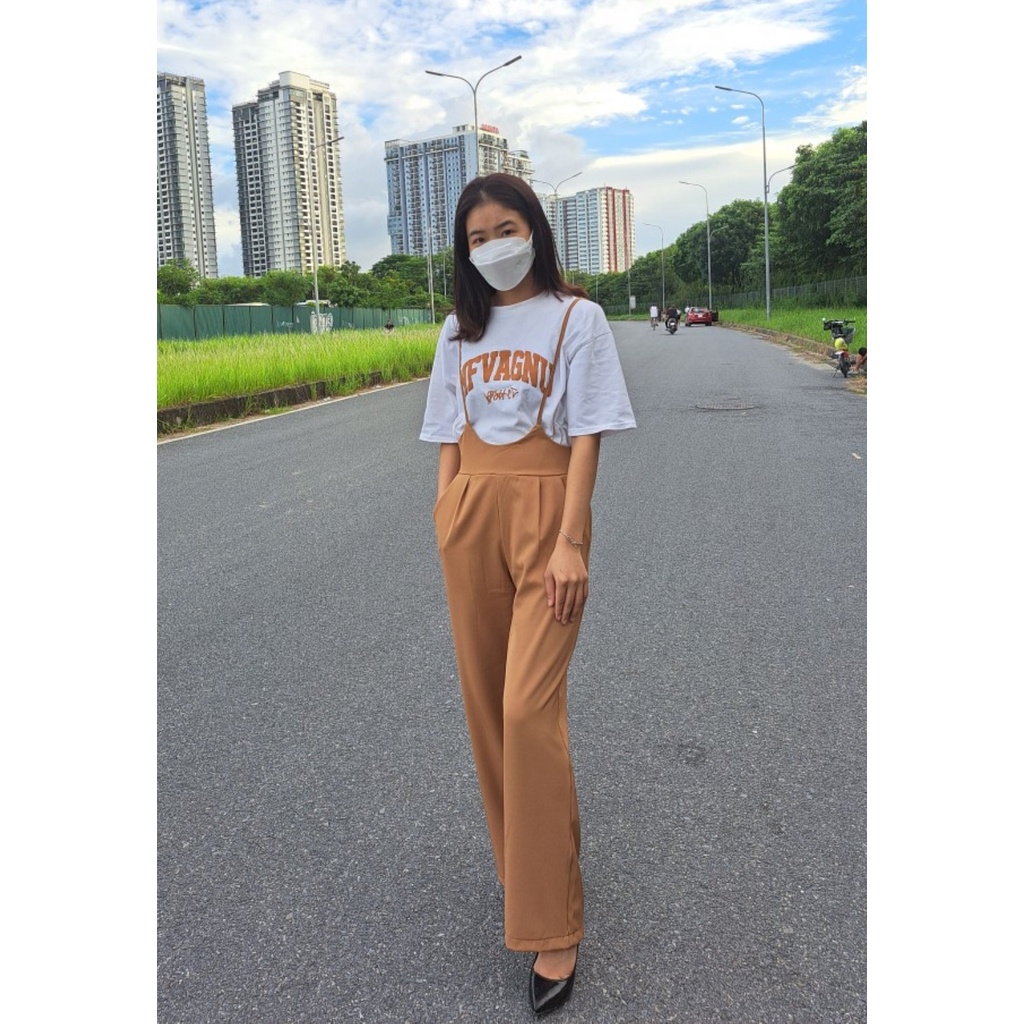 Quần yếm ống rộng dáng dài cho nữ công sở đi chơi cạp cao chất liệu vải chéo Hàn cao cấp - ME STORE