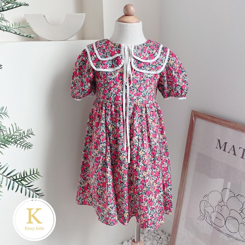 Váy hoa mặc đi học bé gái KIWY KIDS chất cotton cổ 2 lớp tiểu thư siêu xinh Kidsh2178 cho bé từ 5 đến 11 tuổi