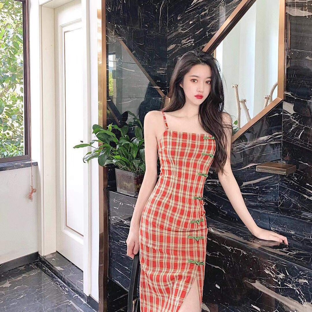 Đầm nữ body hai đây caro phối nút kiểu tàu, váy xẻ tà quyến rũ (có kèm mút), chất thun dẻo ôm body co giãn thoải mái - C | BigBuy360 - bigbuy360.vn