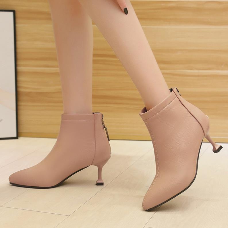 Giày bốt cao gót cổ ngắn mũi nhọn thời trang mùa đông 2020 phong cách Anh Quốc cho nữ JSO