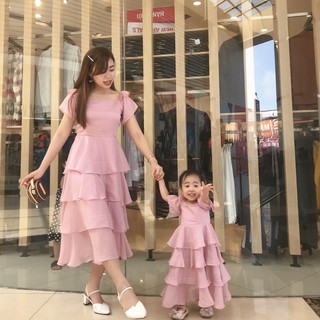 Đồ đôi mẹ bé đi tiệc - váy voan mẹ và bé gái - đầm voan hồng mẹ bé - áo đôi mẹ bé - maxi mẹ và bé gái