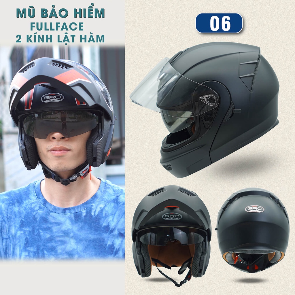Mũ Bảo Hiểm Fullface GRO Helmet Chính hãng, thiết kế 2 kính lật hàm, khóa kim loại chắc chắn - Đen Nhám