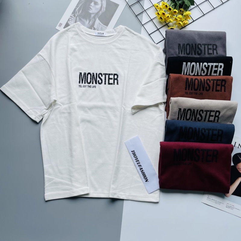 Áo Phông 3158 in chữ MONSTER Nam Nữ, Áo Thun Tay Lỡ Oversize From Rộng Basic Chất Coton