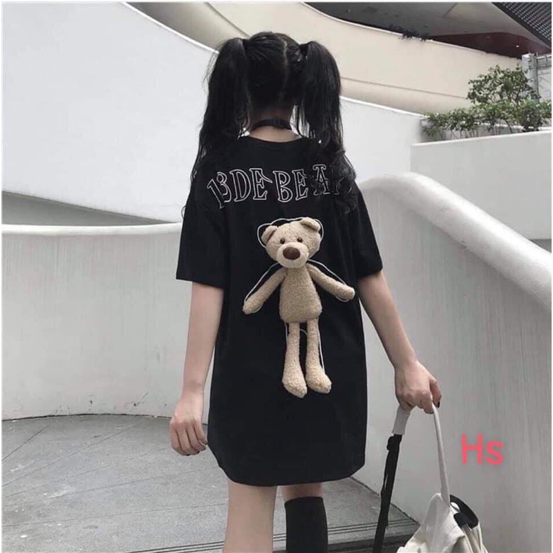Áo thun tay lỡ nam nữ gấu bông to sau lưng dáng rộng chất đẹp