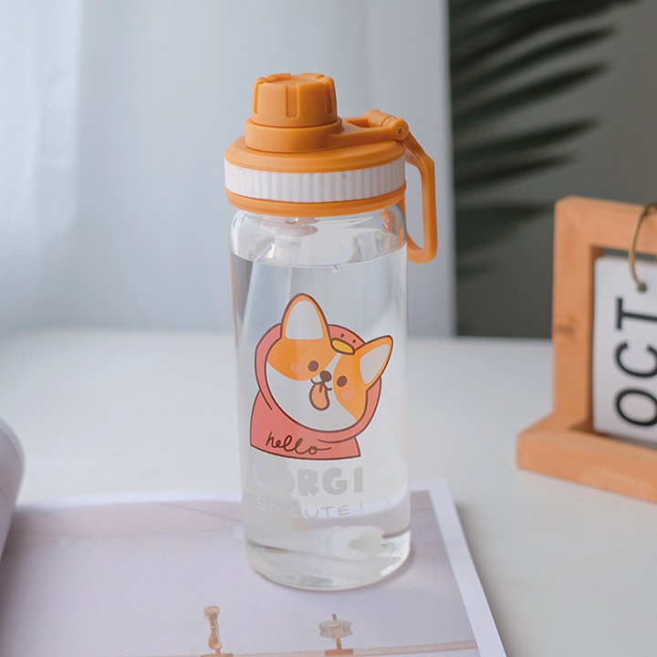 HCM - Bình thủy tinh chó Corgi hoạt hình 500ml có ống hút cho bé