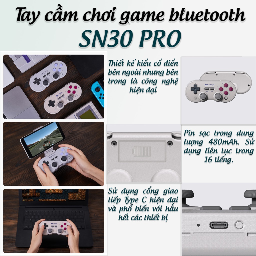 Tay cầm chơi game bluetooth 8Bitdo SN30 Pro SN Edition cho Nintendo Switch, Windows, Điện thoại