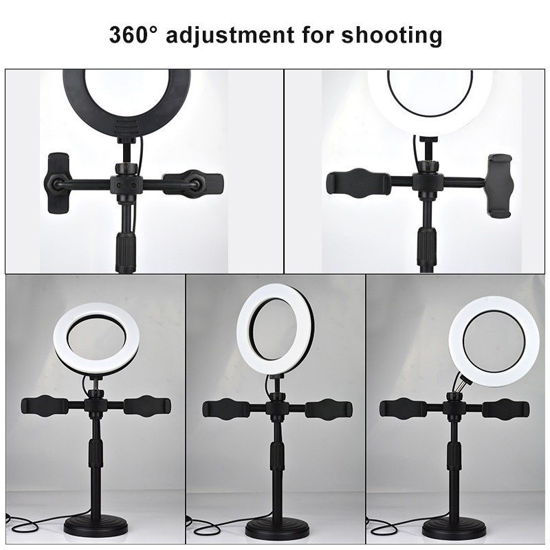 Đèn livestream để bàn 2 kẹp điện thoại cao cấp, vòng led 16cm 3 màu ánh sáng, Đèn livestream bán hàng đa năng