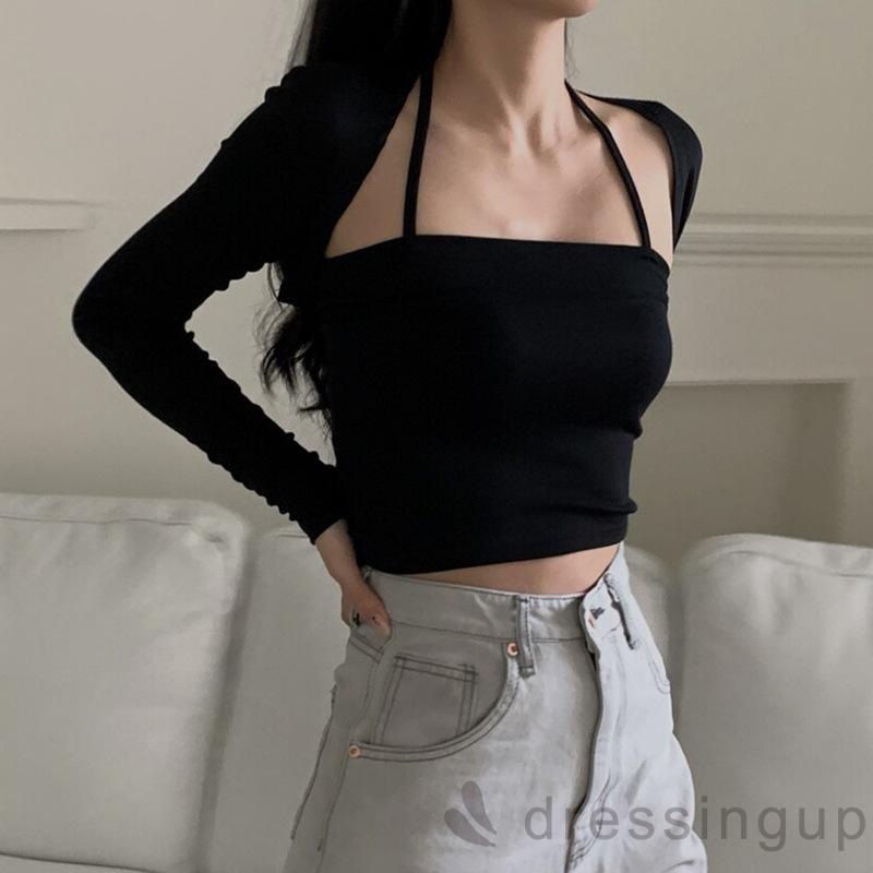 Bộ 2 Món Áo Tank Top Cổ Yếm + Áo Khoác Tay Dài Màu Sắc Đơn Giản Thời Trang Mùa Hè Cho Nữ