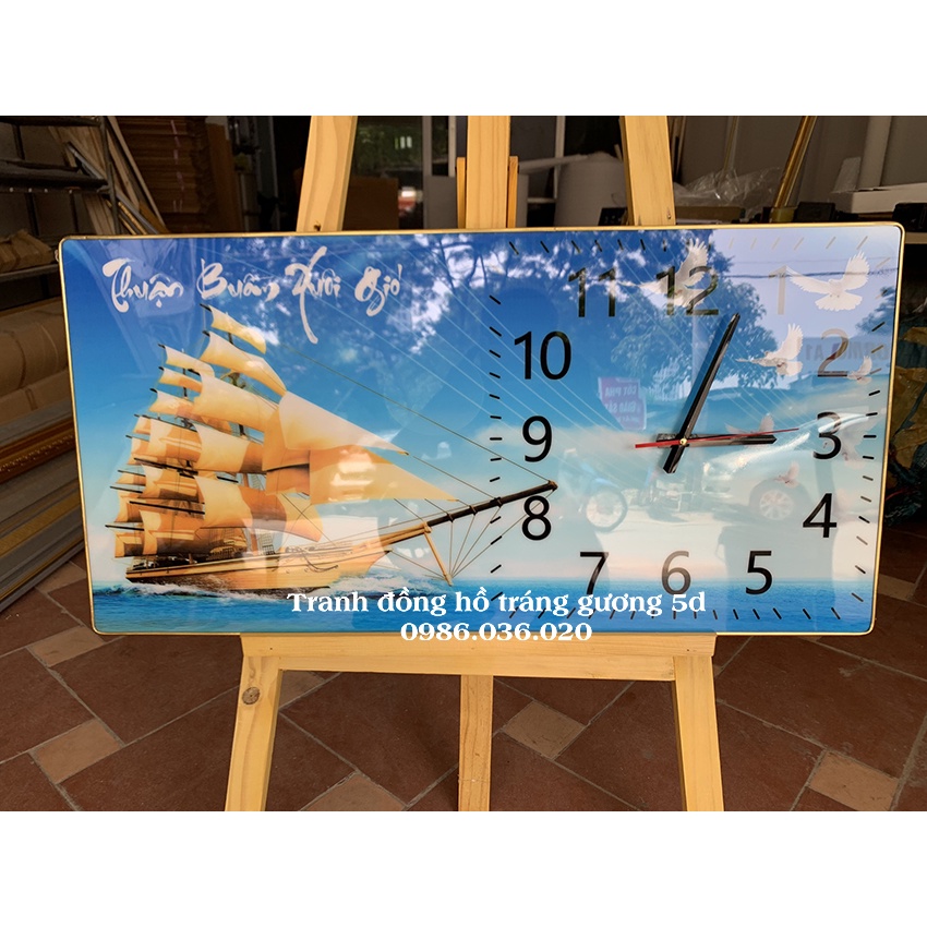Tranh đồng hồ treo tường tráng gương 3D trang trí phòng khách đẹp mẫu hot Mẫu tranh thuận buồm xuôi gió