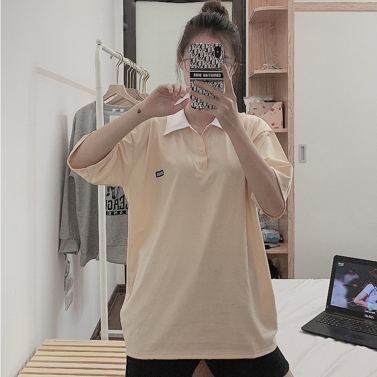 Áo polo tay lỡ có size dáng dài cổ phối màu be nhạt Vanmiushop