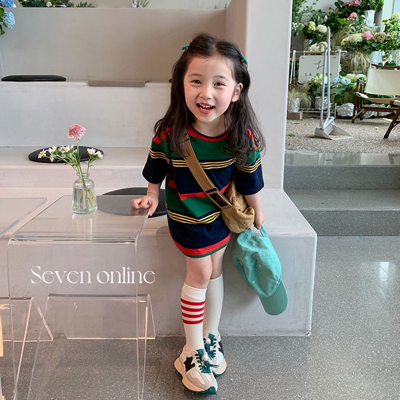Áo Thun Cotton Dáng Dài Họa Tiết Kẻ Sọc Màu Sắc Tương Phản Phong Cách Hàn Quốc Thời Trang Mùa Hè Cho Nữ