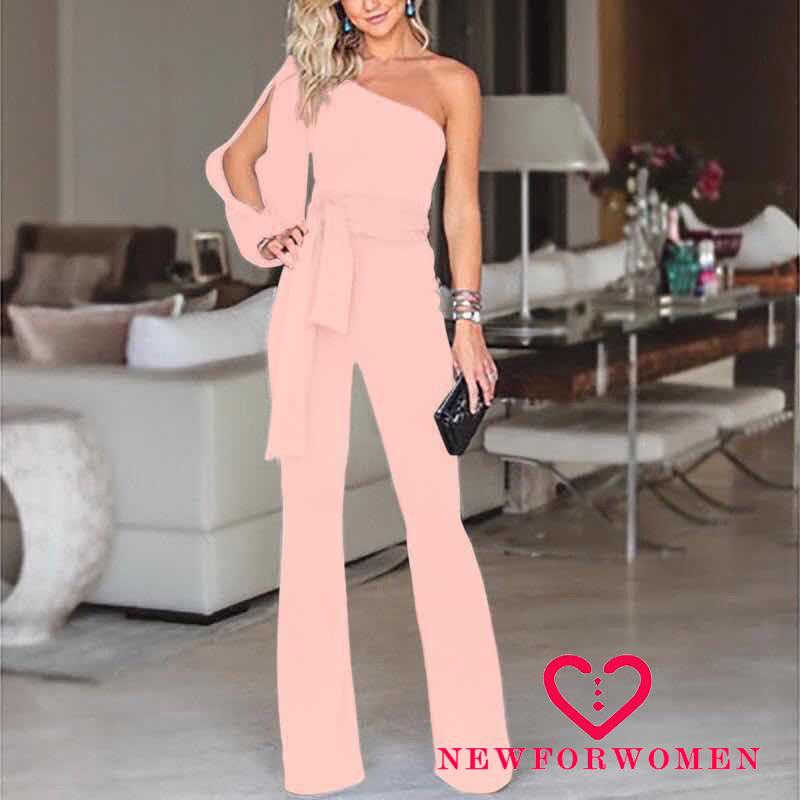 NFW♥Women One-Shoulder High Waist Lace Up Slim Loose Long Trousers Jumpsuit Playsuit Set