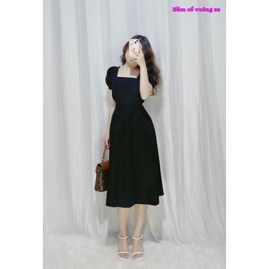 Đầm xoè trơn cổ vuông tay ngắn phồng có dây thắt eo kèm mút ngực-hình thật.