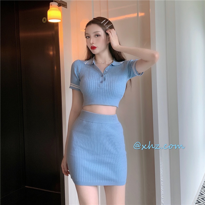 Set Áo Thun polo Tay Ngắn + Chân Váy Dệt Kim Lưng Cao Dáng Ôm Co Giãn Thời Trang Mùa Hè Phong Cách Trung Hoa Mới
