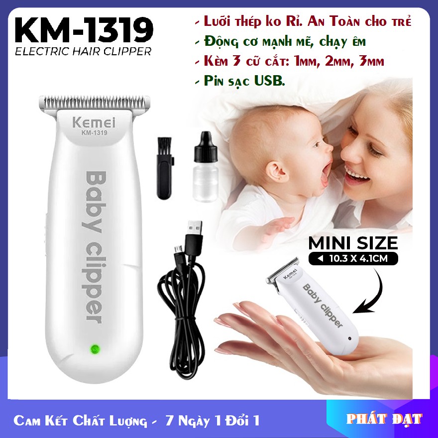 Tông đơ cắt tóc trẻ sơ sinh, trẻ nhỏ Kemei KM - 1319 mini, lưỡi siêu bén an toàn, chạy êm không tiếng động