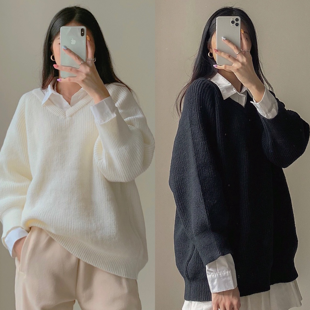 Áo len cổ V trơn có cúc cài đằng sau ulzzang form rộng - Made by Fiin