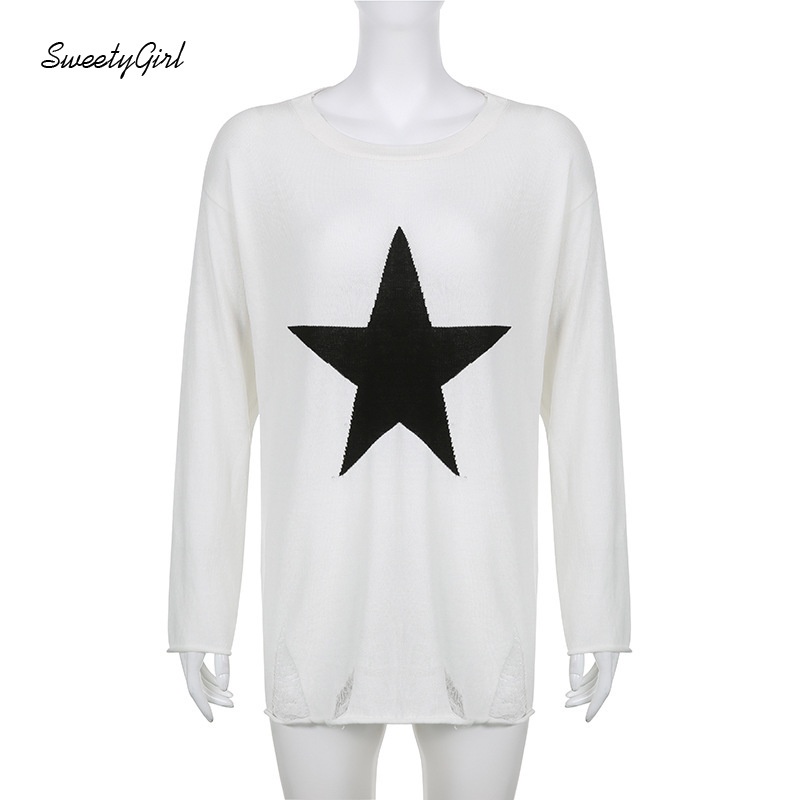 Áo Khoác Cardigan Dệt Kim Tay Dài Cổ Tròn Dáng Rộng In Họa Tiết Ngôi Sao Màu Tương Phản Thời Trang 2022 Cho Nữ