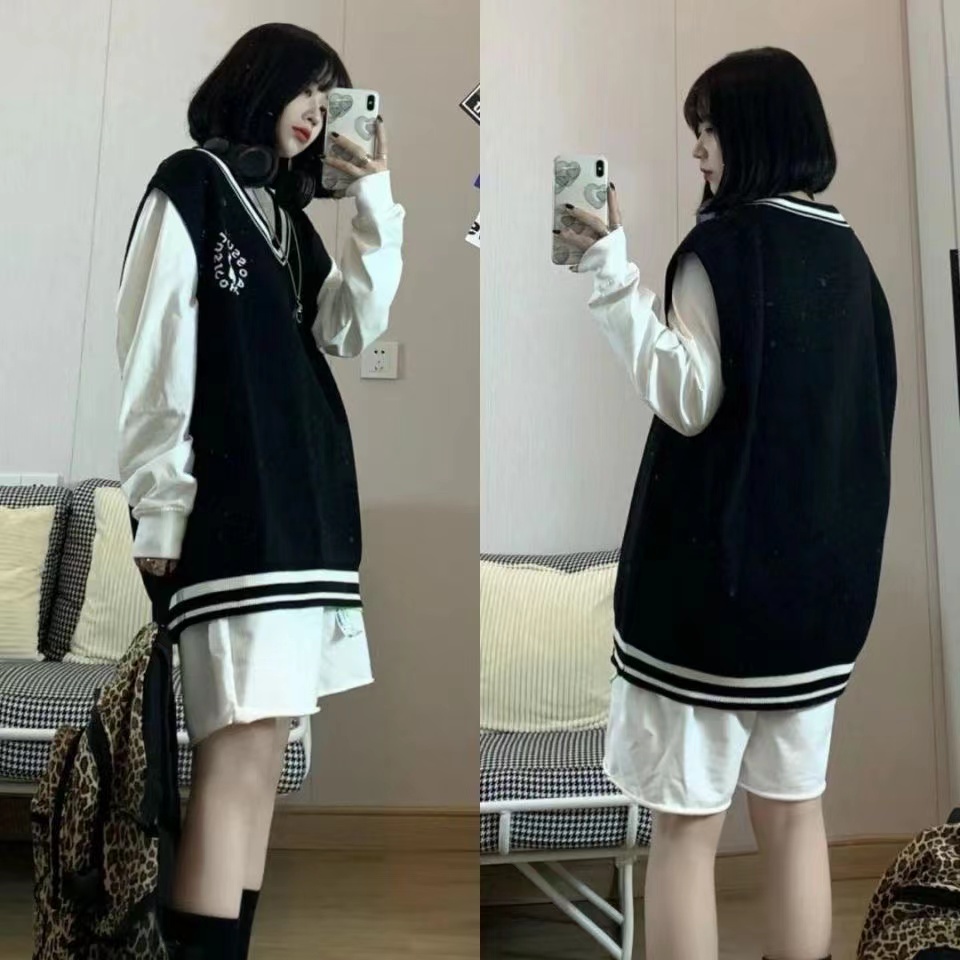 Set Áo Len Không Tay Cổ Chữ V Dáng Rộng + Áo Khoác Ngoài Thời Trang Mùa Thu Theo Phong Cách Hàn