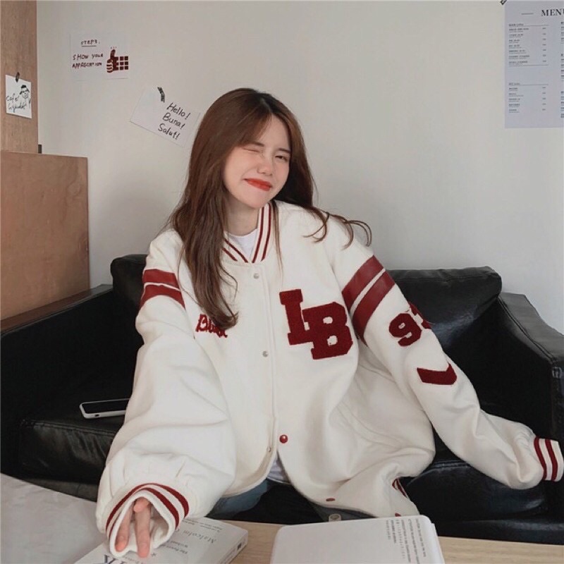 Áo khoác bomber bóng chày thể thao nam nữ đen trắng unisex form dáng rộng nỉ Varsity Jacket Yannie