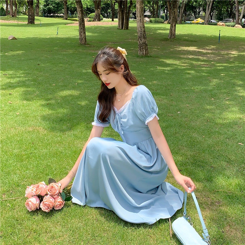 Đầm Midi Cổ Chữ V Xếp Ly Màu Xanh Dương Thời Trang Cho Nữ