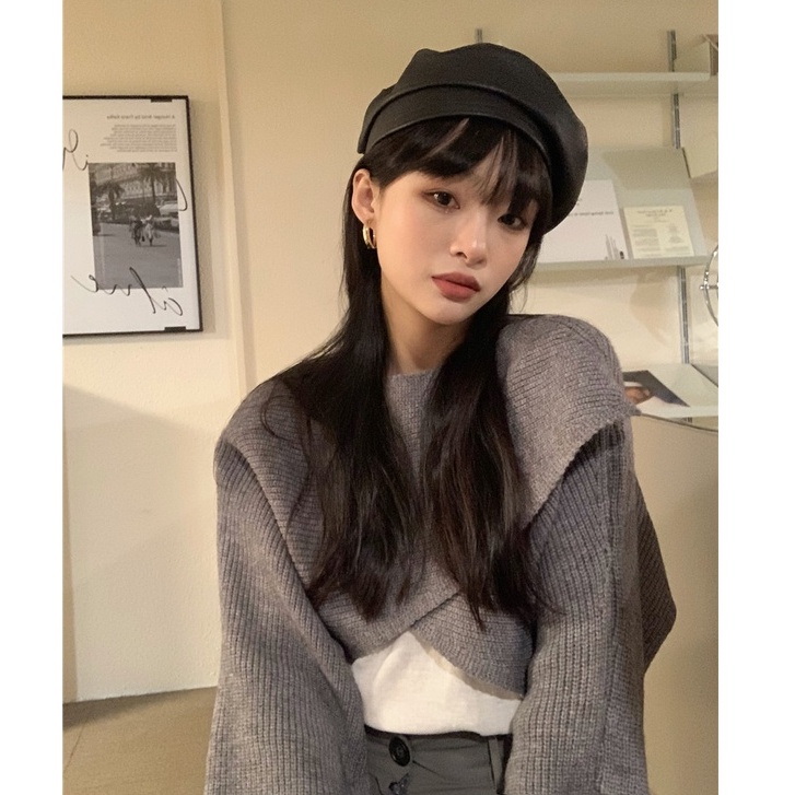 Porozi Áo sweater nữ dệt kim tay dài dáng ngắn thời trang phong cách Hàn Quốc