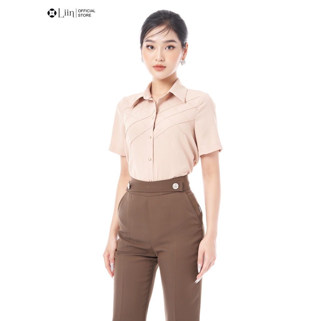 Áo sơ mi nữ cộc tay linbi cao cấp chất vải đũi cộc tay màu nâu phong cách thanh lịchLiin Clothing SM4384