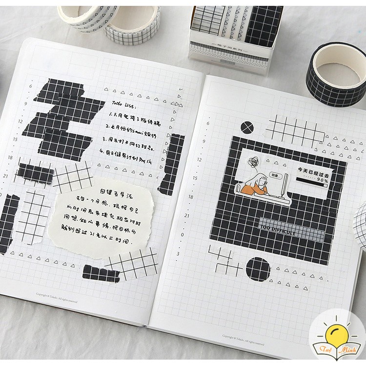 Set washi tape dài 3m họa tiết kẻ, chấm bi - bộ băng dính trang trí sổ Bullet Journal, thiệp