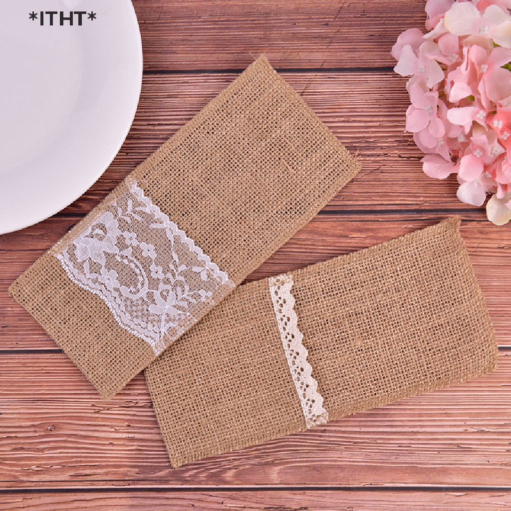 [ITHT] 10 Túi Đựng Dao Kéo Bằng Vải Bố Phối Ren Dùng Trang Trí Bàn Tiệc Cưới