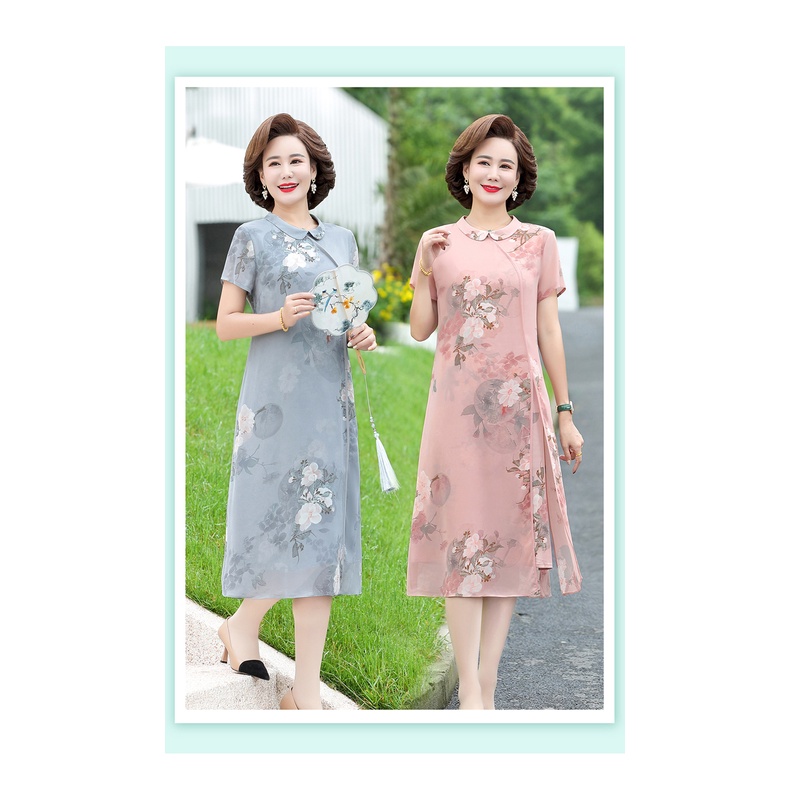 Đầm Sườn Xám Tay Ngắn Chất Liệu Chiffon Thời Trang Mùa Hè Cho Nữ Trung Niên