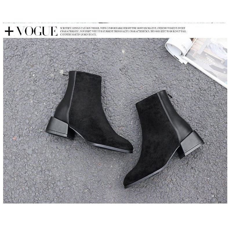 Bốt nữ cổ thấp da lộn, gót vuông 4cm. Giày boots nữ da lộn cao cấp, có lót lông mịn bên trong.