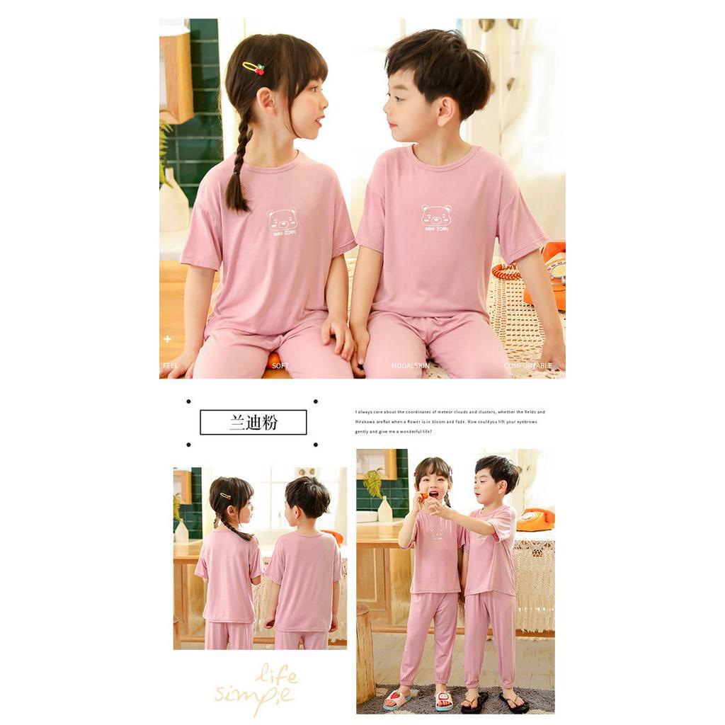 Bộ Áo Thun Tay Ngắn + Quần Dài Màu Trơn Bằng Cotton 100-150cm Thời Trang Mùa Hè Cho Bé