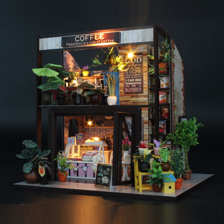 Mô hình nhà DIY Doll House Coffee House Kèm Mica chống bụi, Bộ dụng cụ và Keo dán