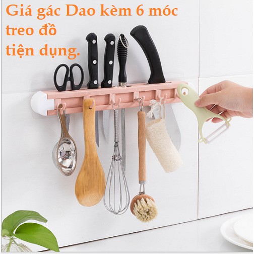 Giá kệ để, treo gác dao kéo dán tường kèm 6 móc treo đồ nhà bếp tiện dụng