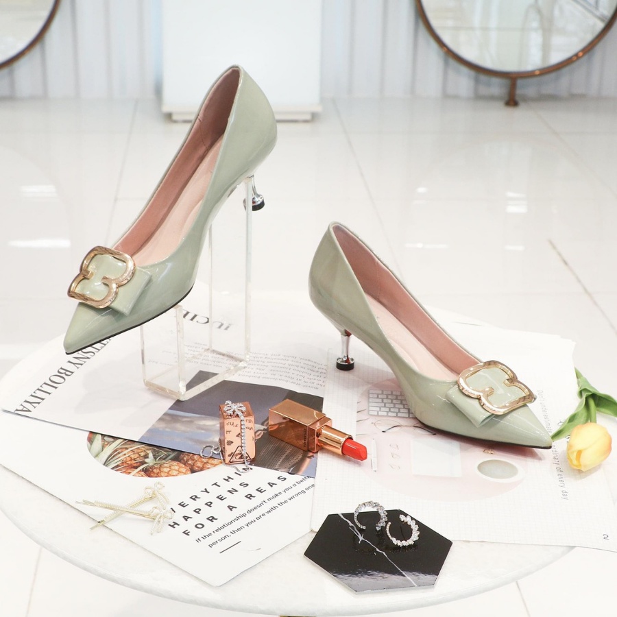 Giày cao gót  siêu xinh , giày tết HT.NEO Thiết kế da mềm mại, đế cao 5 cm, nơ da cùng khuy bắt mắt CS238